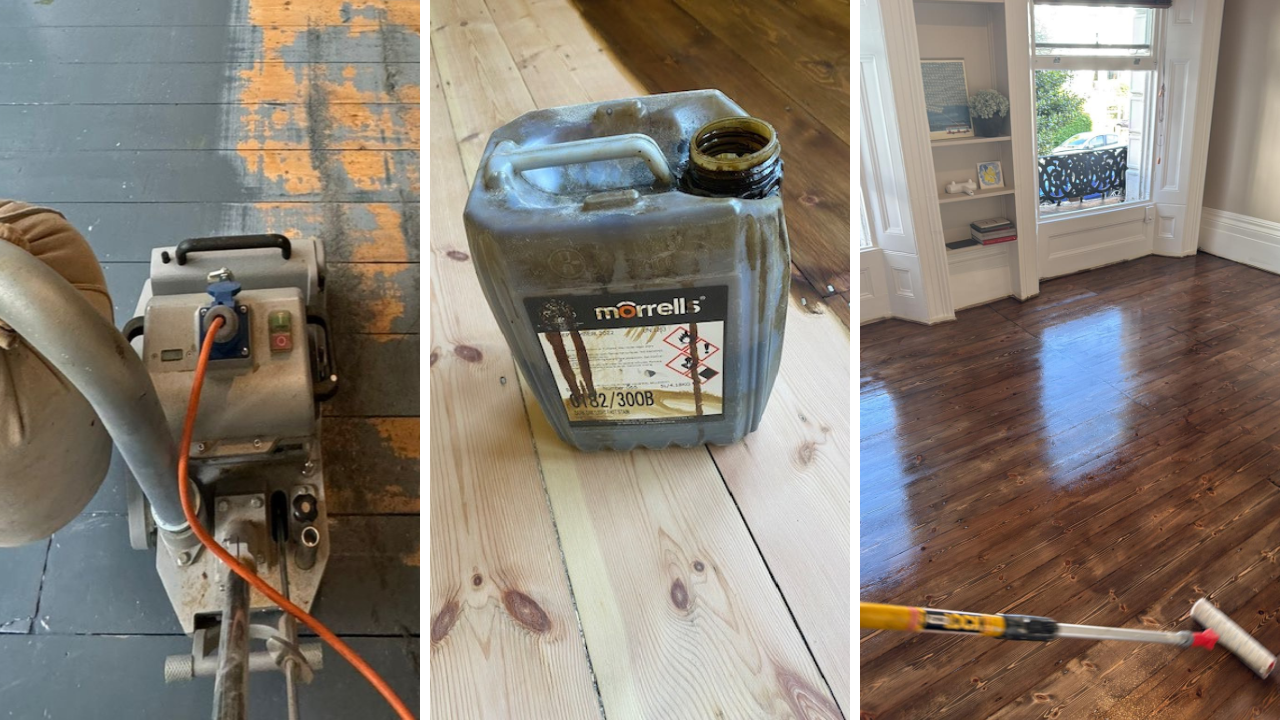 Wood Floor Sanding tottenham preparation: a tradesperson in gloves kneels on solid pine floorboards in a Tottenham living room, hammering down a nail while a cordless drill and screws lie nearby.