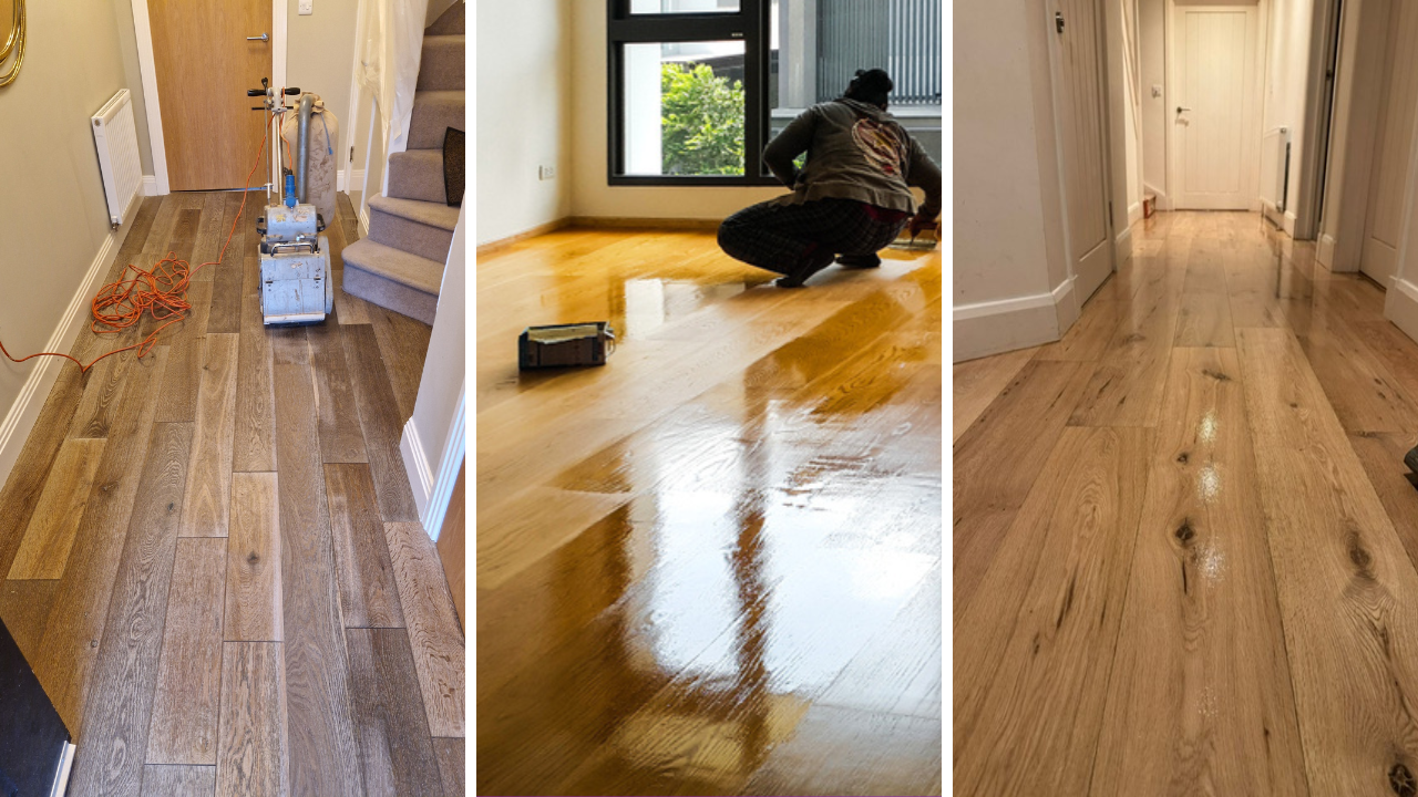 Wood Floor Sanding sequence on an engineered oak hallway floor in Tottenham, showing greyed boards before treatment, lacquer application in progress, and a glossy, knot-featured finish after restoration.