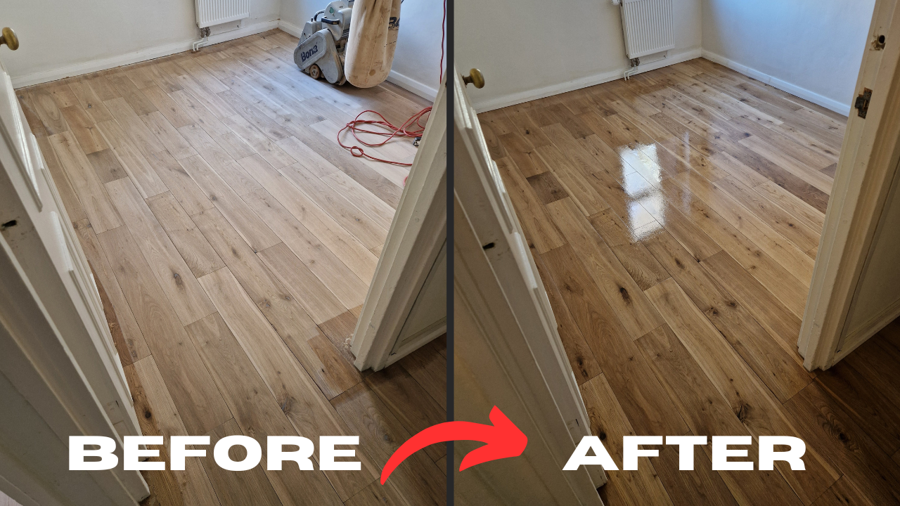 Before-and-after Wood Floor Sanding of a natural oak plank floor in a Tottenham bedroom, showing the dramatic transformation from dull to glossy.