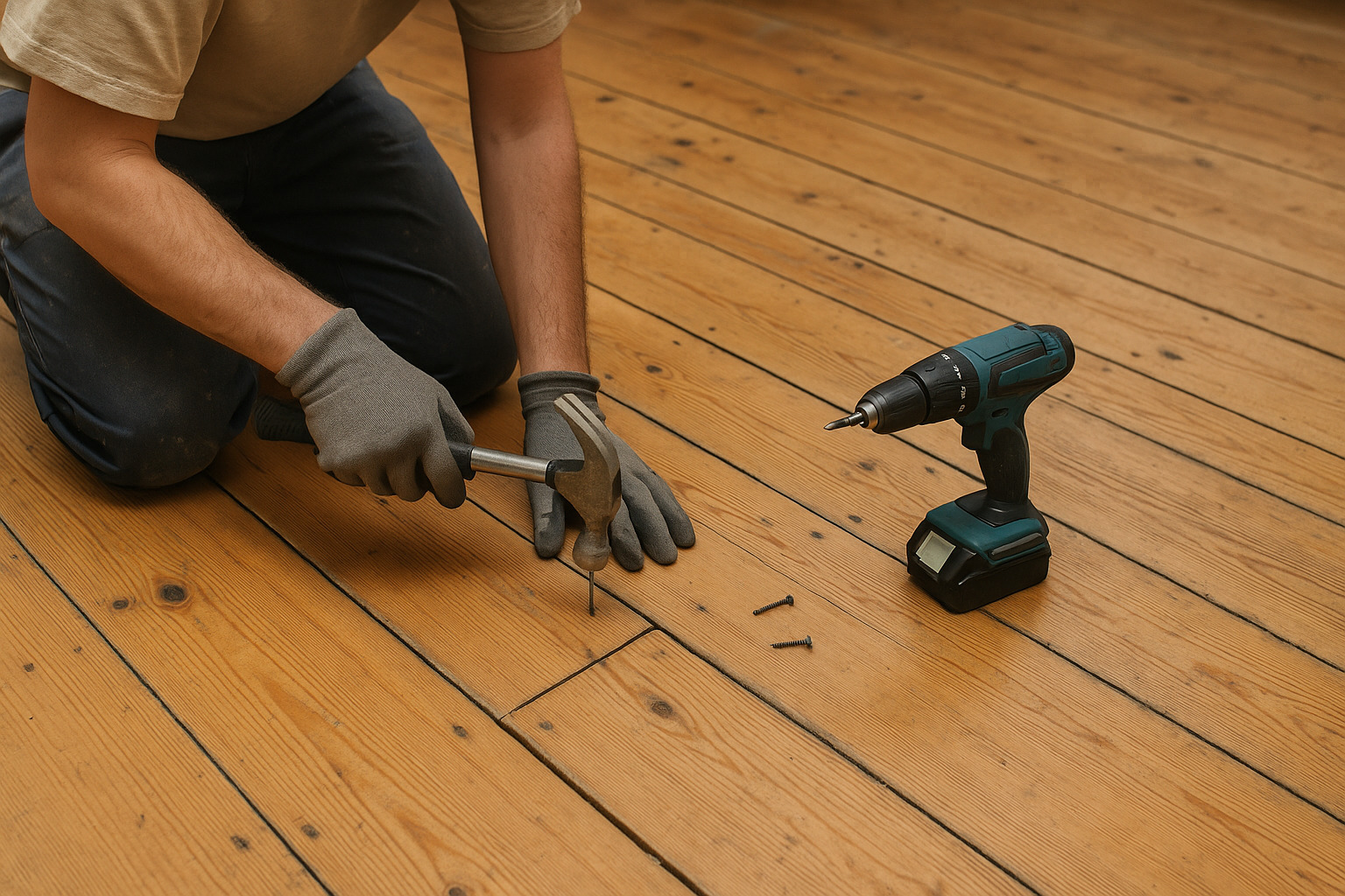  Wood Floor Sanding tottenham preparation: a tradesperson in gloves kneels on solid pine floorboards in a Tottenham living room, hammering down a nail while a cordless drill and screws lie nearby.