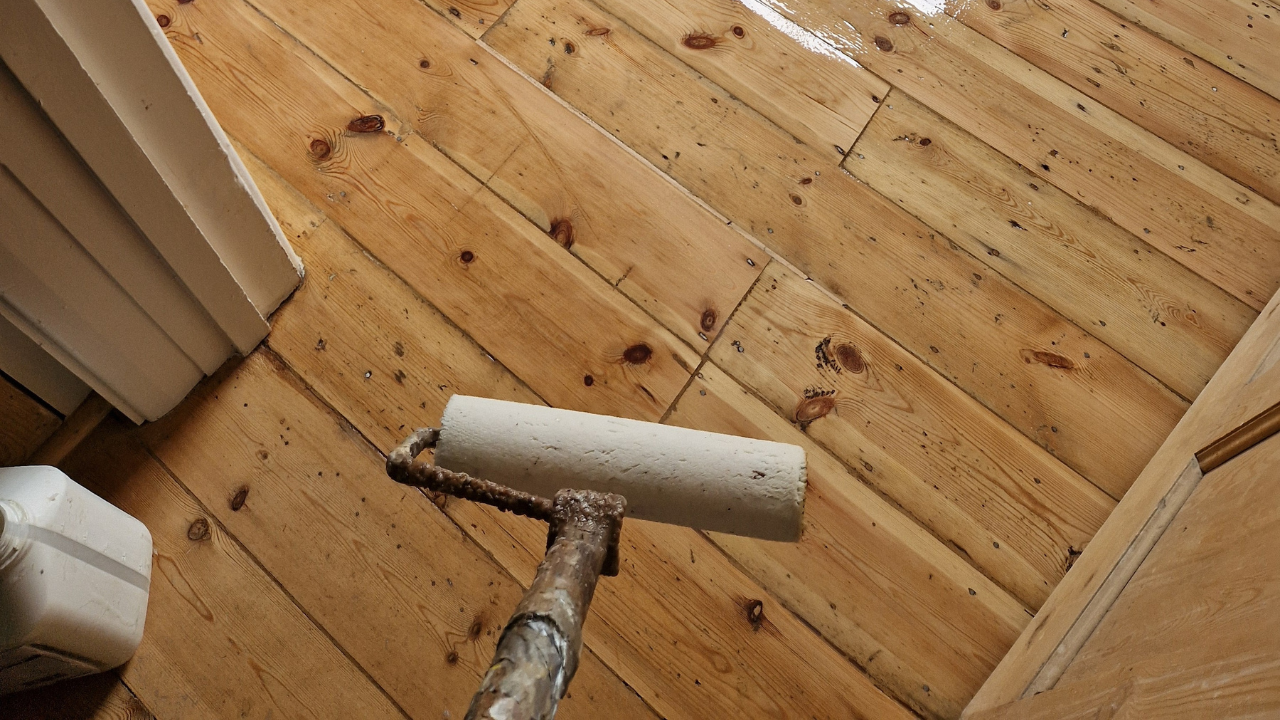  Wood Floor Sanding tottenham finish stage: a paint roller spreads clear lacquer over freshly sanded solid pine floorboards in a Tottenham hallway.