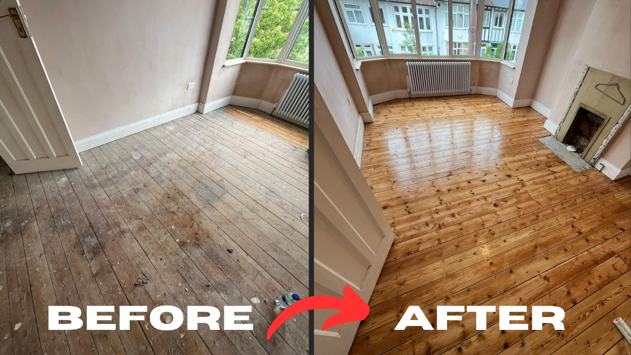  Wood Floor Sanding tottenham transformation: side-by-side collage of Victorian pine floorboards in a Tottenham bay-window room, showing the dusty ‘before’ state and the glossy ‘after’ finish.