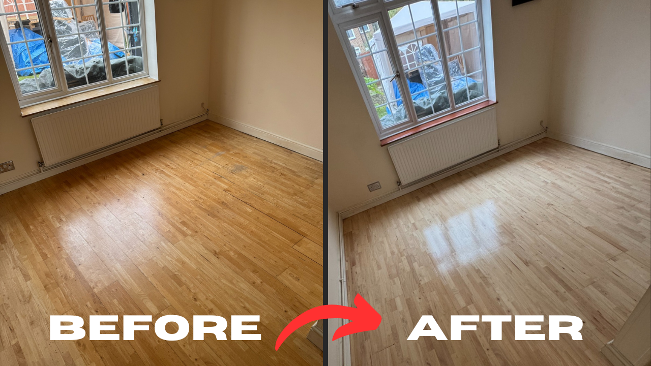 The “Show Home” Clean in Tottenham — engineered oak wood floor, before-and-after: worn boards with gaps transformed after resin gap filling, sanding and satin lacquer, ready for residue-free maintenance.