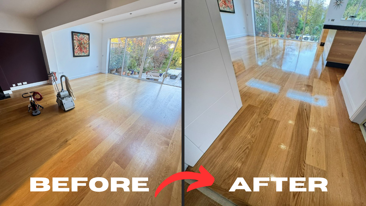 The “Show Home” Clean in Tottenham — European oak engineered floor, before-and-after refinishing: dull, scuffed boards transformed to a clear, glossy lacquered finish.