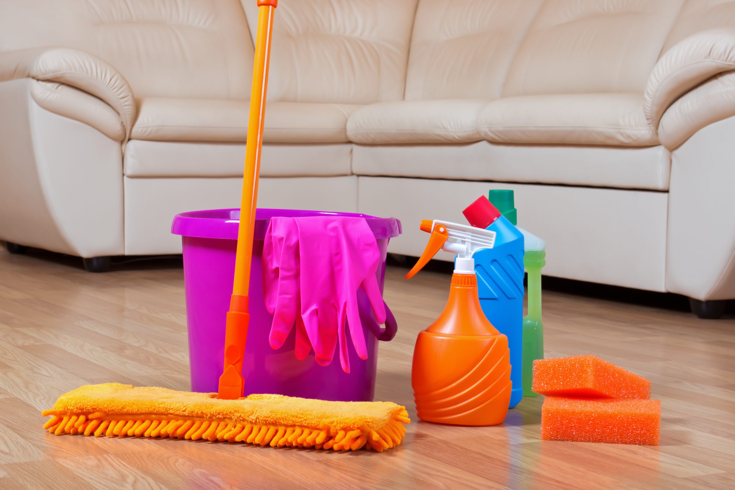 The “Show Home” Clean in Tottenham — oak hardwood floor (sanded and lacquered) with non-filming cleaning kit: microfibre mop, bucket, gloves and neutral spray.