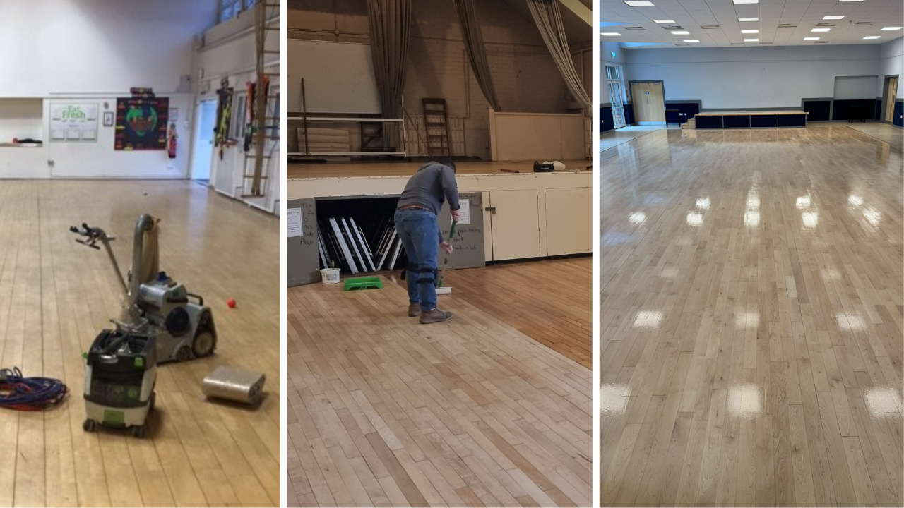 Three-stage Commercial Floor Sanding in Tottenham on a maple hardwood school hall floor, showing sanding equipment, application of finish and the final polished surface.