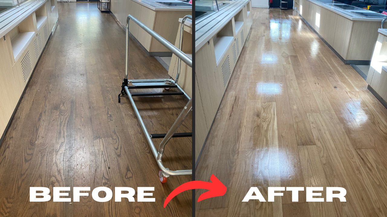 Before and after Commercial Floor Sanding in Tottenham showing a worn dark oak hardwood shop floor transformed into a bright, freshly sanded and lacquered oak surface.