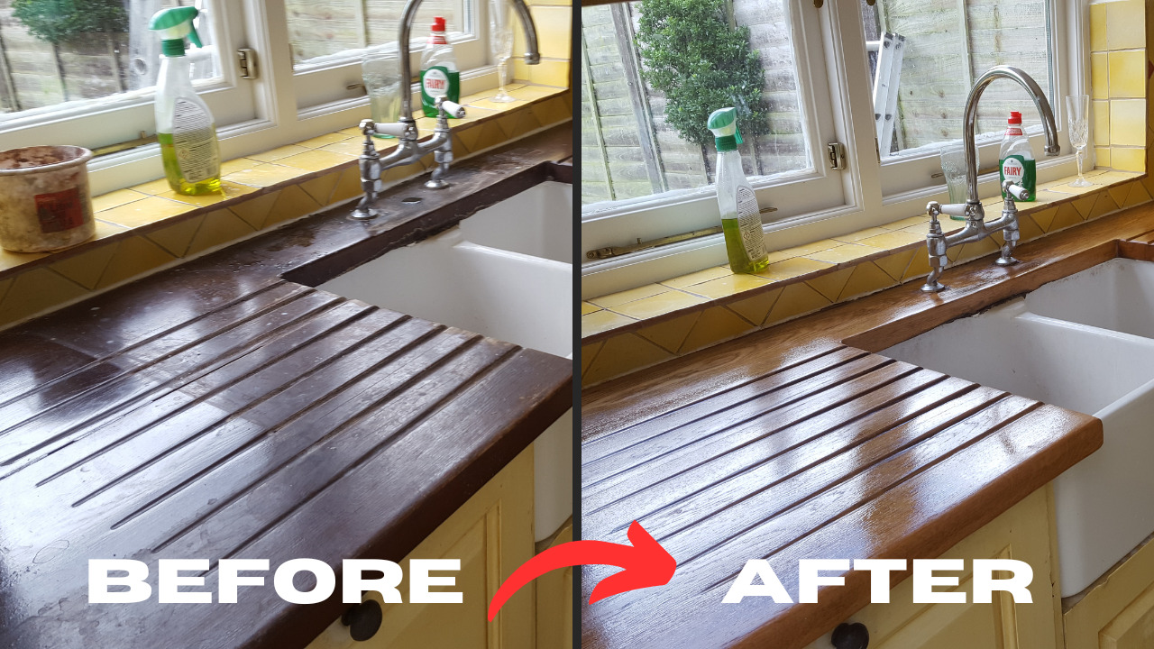 Worktop Refinishing in Tottenham showing before and after of a solid oak wooden kitchen worktop restored around a Belfast sink
