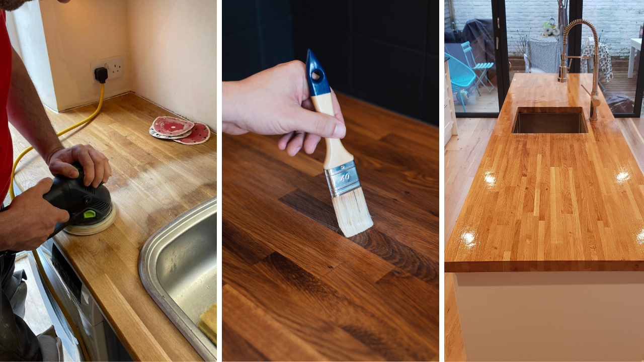 Worktop Refinishing in Tottenham showing the process of sanding and sealing solid oak wooden worktops with a light oak hardwood floor in a modern kitchen