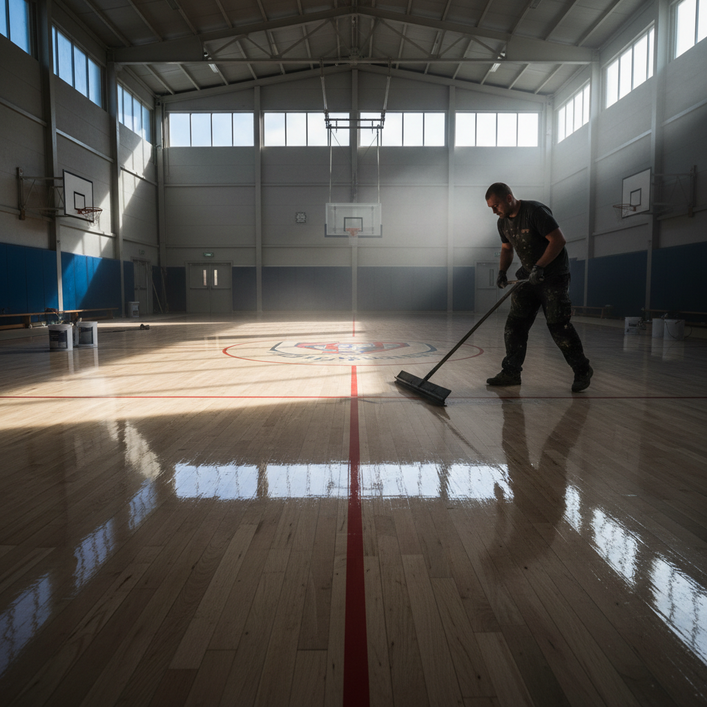 Commercial Sports Hall Floor Sanding Surrey Tradesman applying Bona Traffic HD lacquer to a large wooden sports hall floor in Surrey