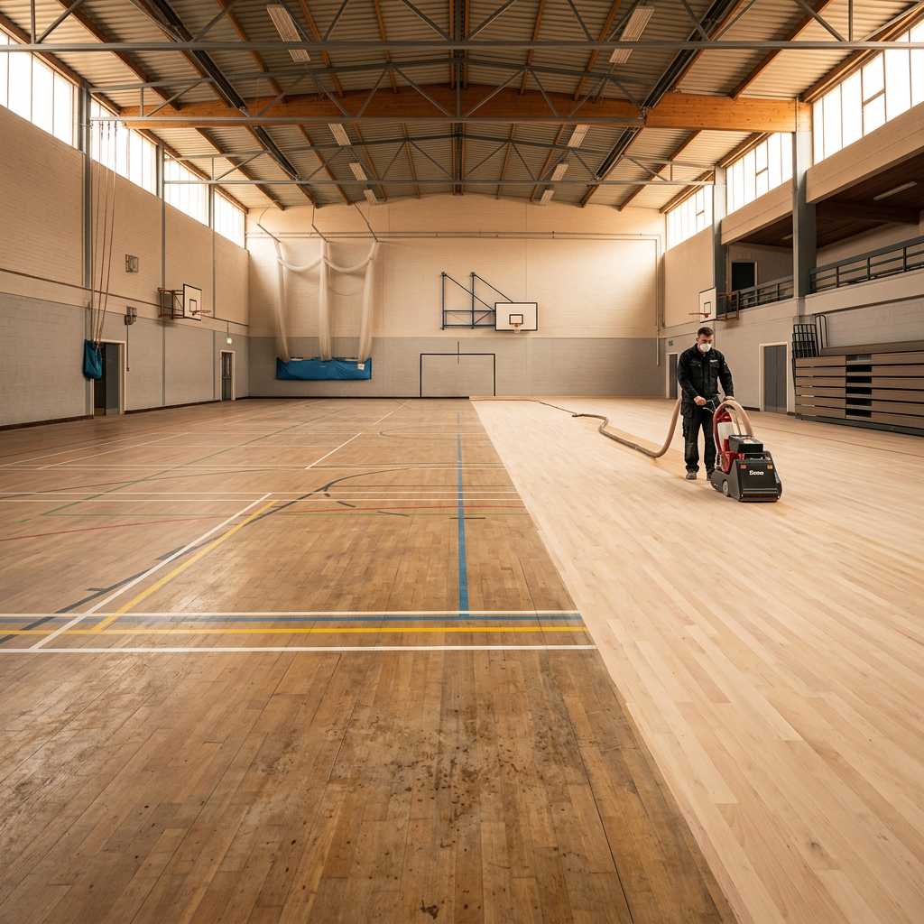 Commercial Sports Hall Floor Sanding Wide angle shot of a school sports hall being sanded using a Bona Belt machine.