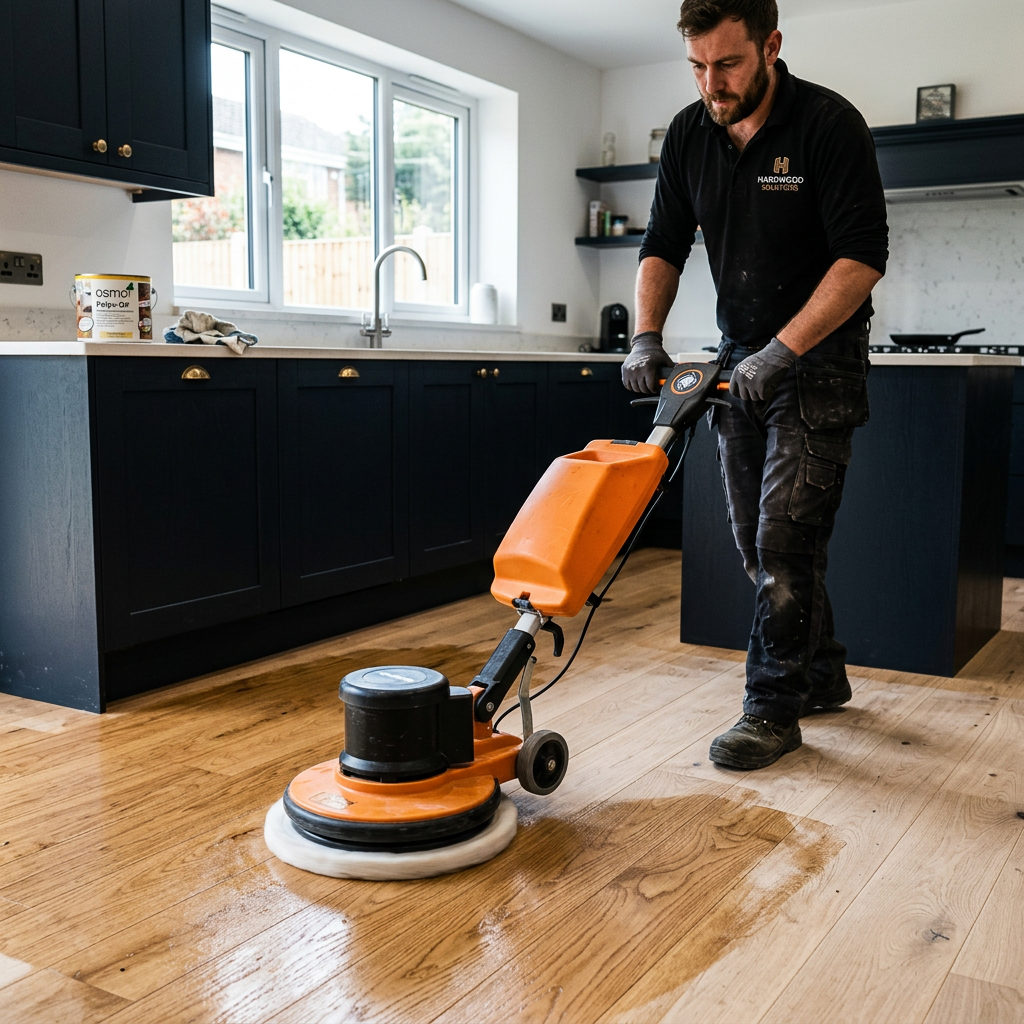 Tradesman applying Osmo Hardwax Oil to an engineered oak kitchen floor with a buffer.