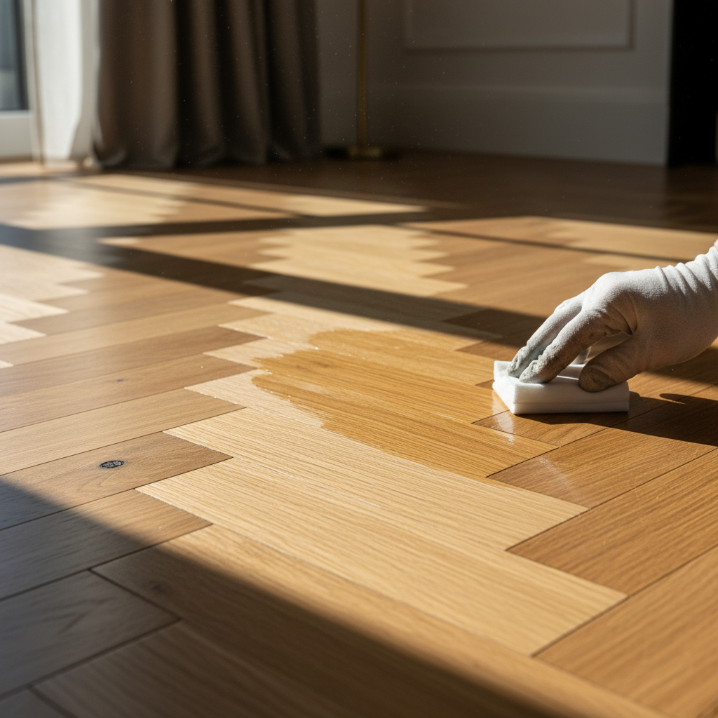 Close-up of rich oak parquet flooring being finished with Osmo Hardwax oil showing the natural grain