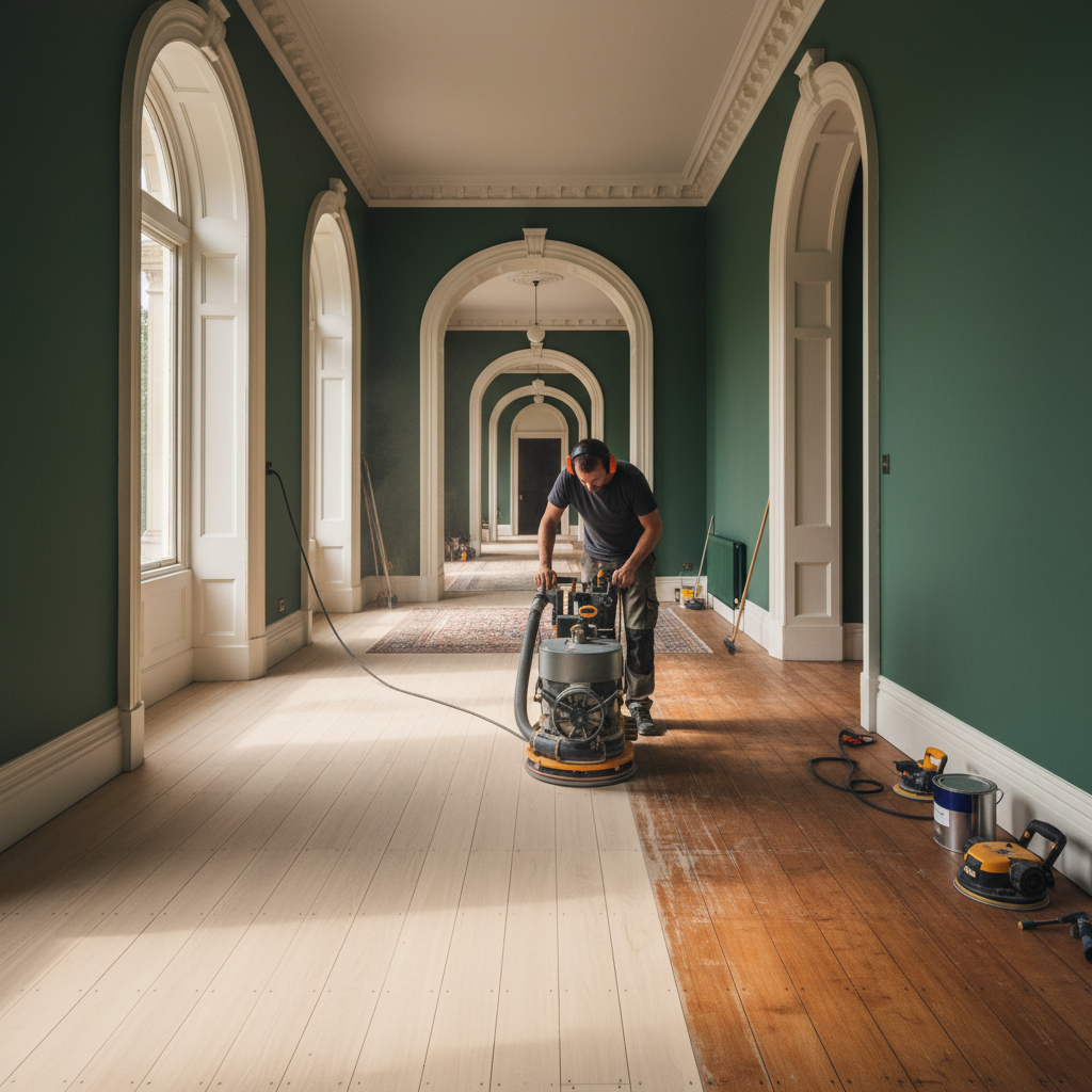 Victorian Pine Floor Sanding London Professional tradesman using dust-free floor sanding machine on Victorian pine floorboards in a London hallway