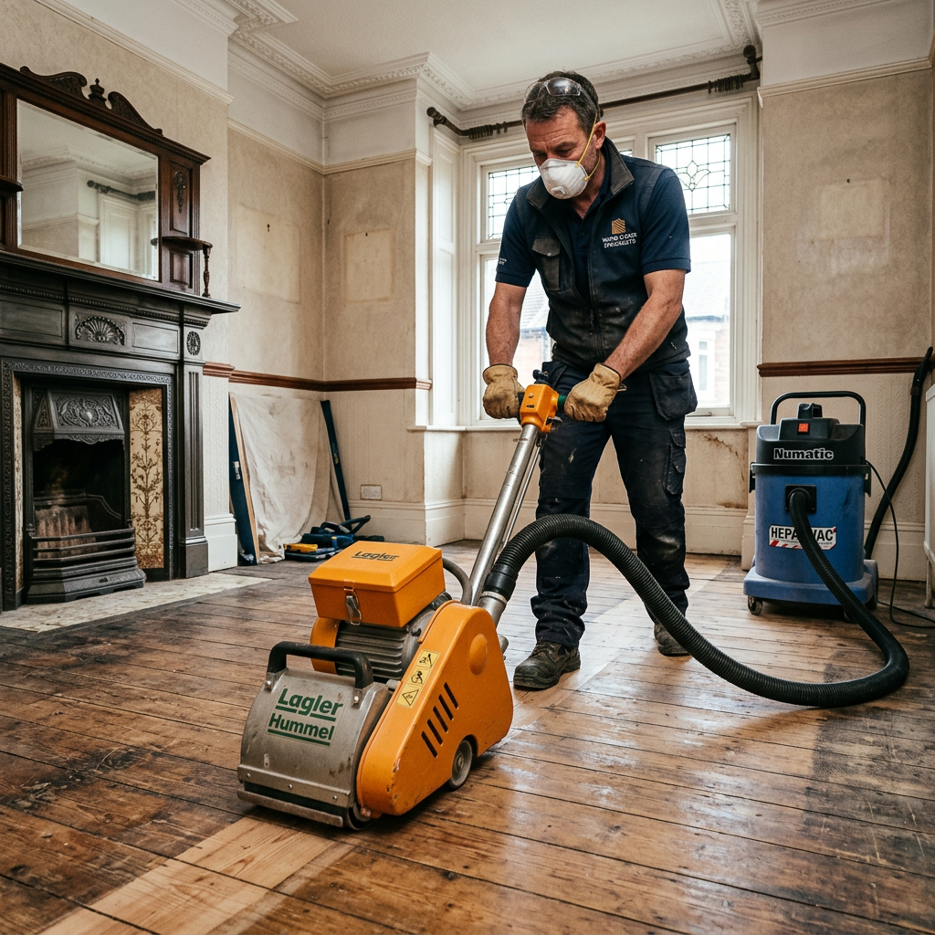 Victorian Pine Sanding with Lagler Hummel Professional tradesman using a Lagler Hummel sander in a Victorian room with a fireplace and Numatic vacuum.