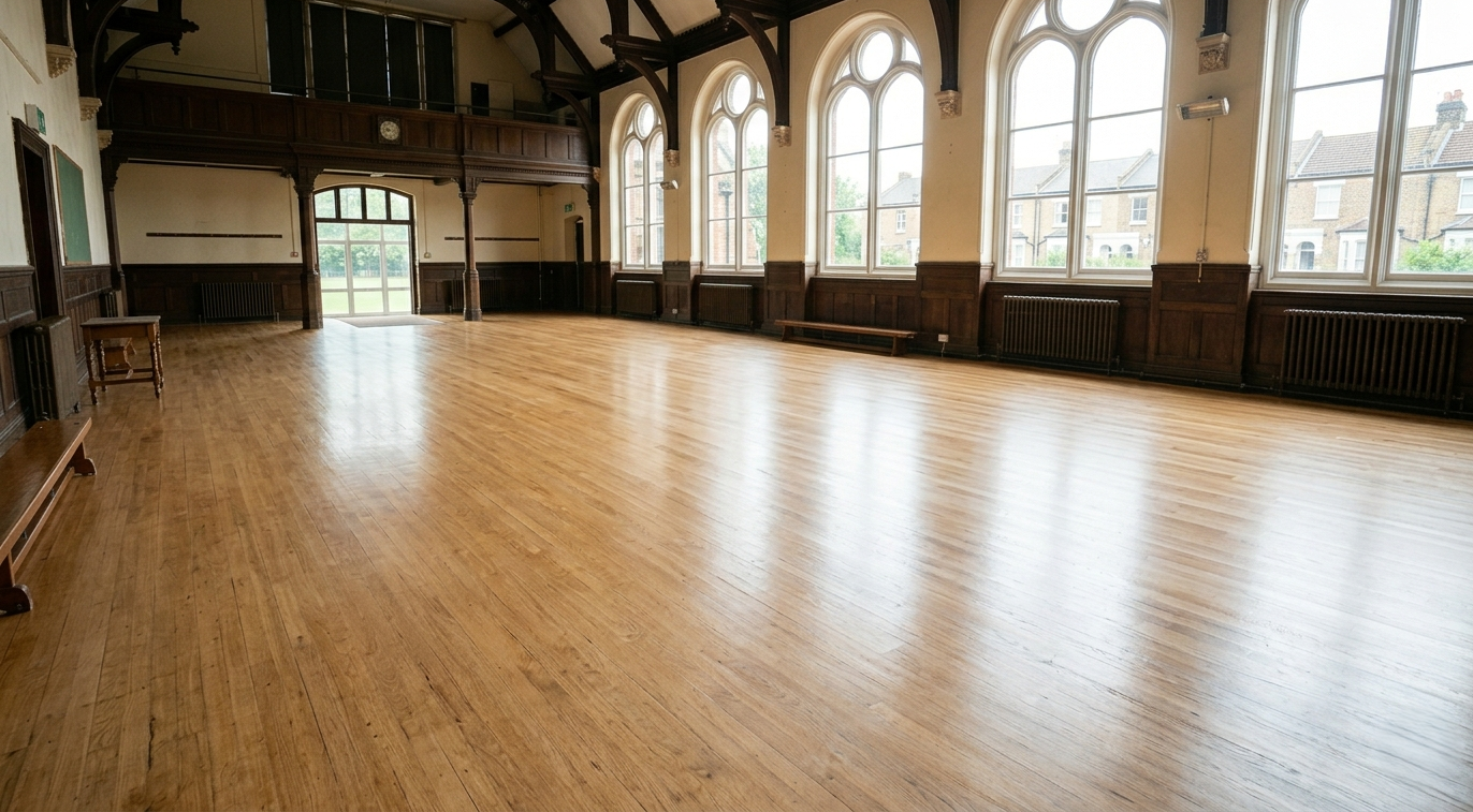 A wide-angle view of a large, empty Victorian school hall in Tottenham N17, featuring a pristine, high-gloss polished light-honey timber floor that is completely uniform, smooth, and gleaming with a professional finish, reflecting natural light from the large arched windows.