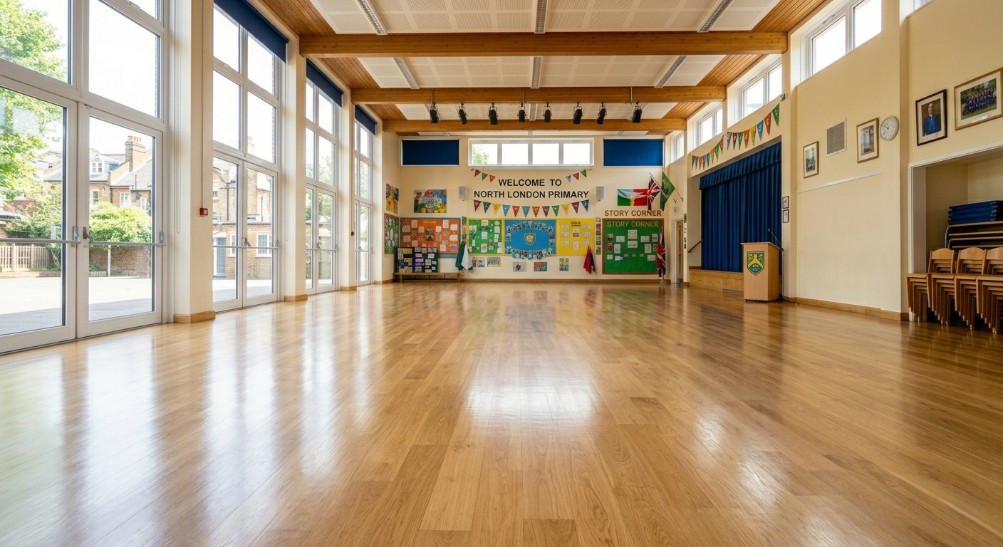 High-gloss lacquered wood floor in a North London primary school assembly hall in Tottenham N17, restored by a professional school floor sanding contractor.