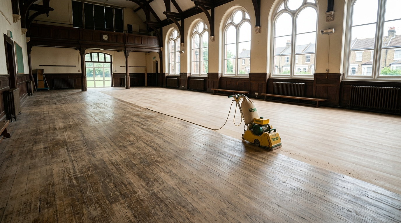Professional Wood Floor Restoration in a Tottenham School Hall A large Victorian school hall in Tottenham N17 featuring a professional Lägler floor sanding machine mid-process, showing the contrast between old dark wood and newly sanded light oak.