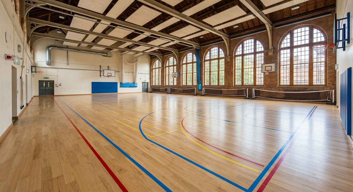 Newly painted multi-sport court line markings on a restored oak wood floor in a Tottenham N17 school hall with large arched windows.